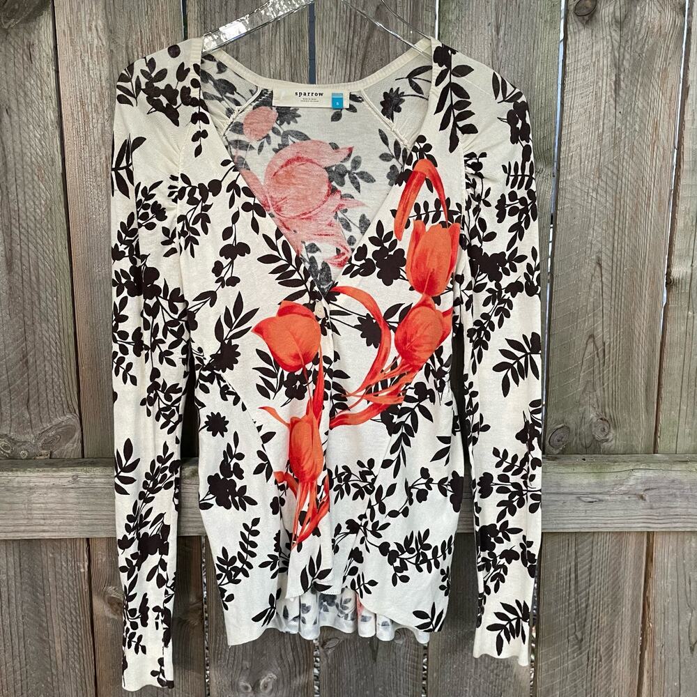 Anthropologie Sparrow Floral Tulips Cardigan Sweater White Brown Small - Picture 1 of 9